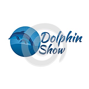 Dolphinarium. Dolphin logo. Banner. Vector flat illustration.