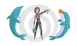 Dolphinarium Trainer Feeding Dolphin with Fish, Dolphinarium or Oceanarium Concept Cartoon Vector Illustration