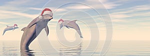 Dolphins celebrating christmas in the ocean - 3D render
