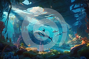 Dolphins Dancing in Vibrant, Photorealistic Underwater Scene