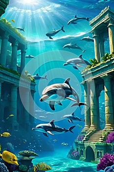 The dolphins and the fabled lost city of atlantis, ancient, fantasy, dreamy, wallpaper, animal art, underwater life, wildlife