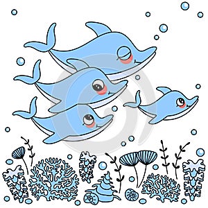 Dolphins family. Cute dolphin. Sea, ocean animals and underwater world vector illustration