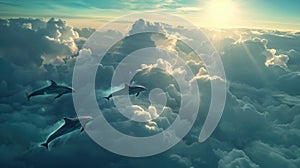 Dolphins flying among clouds and sun