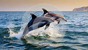 Dolphins jump out of the sea. Generated with AI