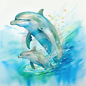 Dolphins jump out of the water. Watercolor illustration on a white background. Generative AI Generative AI