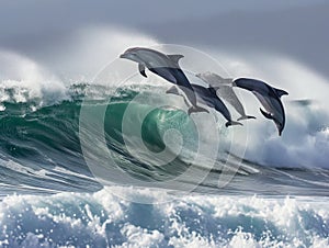 dolphins jump over breaking waves. Marine animals