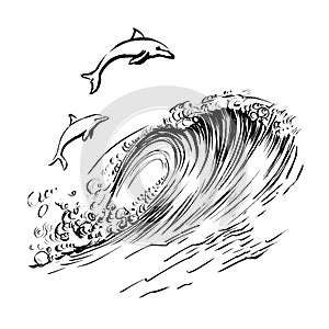 Dolphins jump in the waves brush ink sketch handdrawn serigraphy print