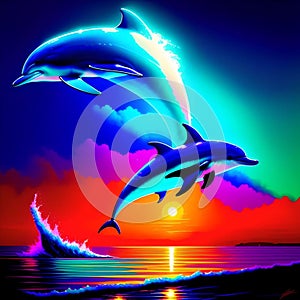 Dolphins Jumping in the Ocean Sunset