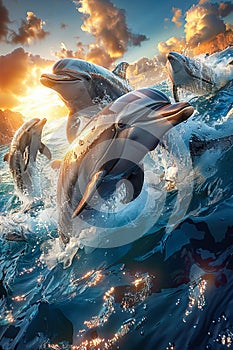 Dolphins jumping in the ocean at sunset