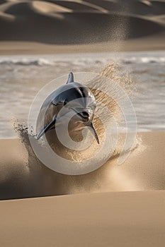 Dolphins jumping out of sand dunes, splashing sand. Generative AI