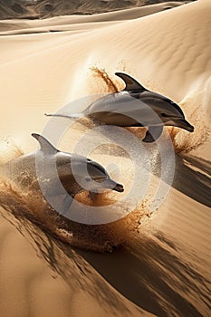Dolphins jumping out of sand dunes, splashing sand. Generative AI