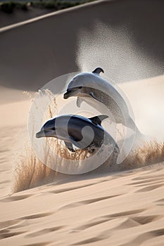 Dolphins jumping out of sand dunes, splashing sand. Generative AI