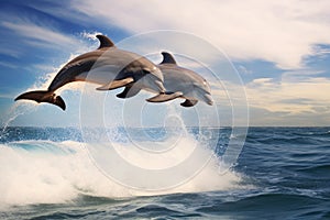 Dolphins jumping out of the water on the background of the sea, Dolphins joyfully leaping out of the ocean waves against a blue