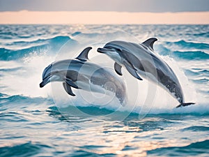 Dolphins jumping out of the water.