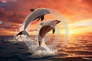 Dolphins jumping out of the water at sunset. 3d render, Beautiful bottlenose dolphins jumping out of sea at sunset, AI Generated