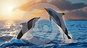 Dolphins Jumping Out of Water at Sunset. Generative AI