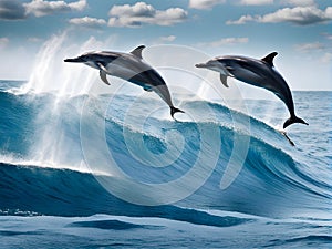 Dolphins jumping in the water with the wave in the background