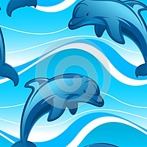 Dolphins jumping waves in a seamless pattern