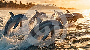 Dolphins leaping sunset ocean tropical