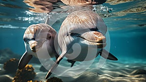 dolphins, a pair of marine animals close-up, fish head above the water. Friendly freshwater.