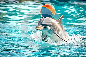 Dolphins play with a ball in the blue water