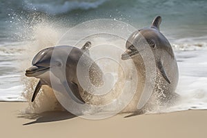 Dolphins play near the shore jumping out of the water with splashes of water and sand, Generated by Ai