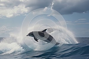 Dolphins play near the shore jumping out of the water with splashes of water and sand, Generated by Ai