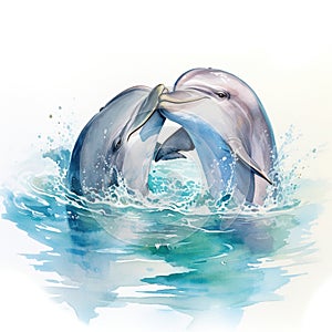 Dolphins playing in water. Hand drawn illustration. Watercolor painting. AI Generated Generative AI