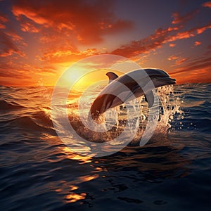 Dolphins in sea at sunset, a mesmerizing 3Drender illustration