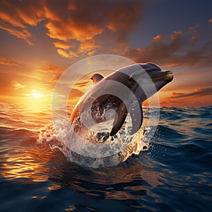 Dolphins in sea at sunset, a mesmerizing 3Drender illustration