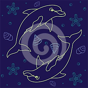 Dolphins. Seamless pattern with dolphins, shells and starfish on a classic blue background. Vector seamless pattern with sea and o