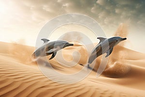 dolphins splashing across the sand dunes, ai generative