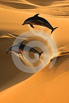 dolphins splashing across the sand dunes, ai generative