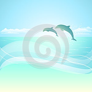 Seaside view with silhouette of two jumping dolphins. Vector.