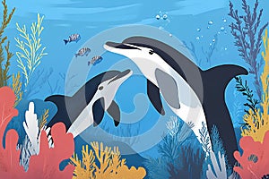 Dolphins swimming on the coral reef. Vector illustration in cartoon style. photo