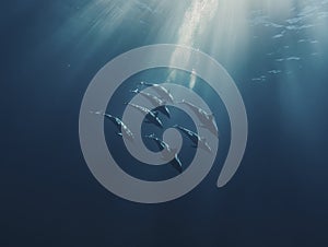 Dolphins Swimming Underwater in Sunlight