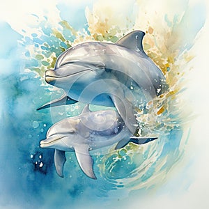 Dolphins in the water. Watercolor painting. Illustration. Generative AI Generative AI