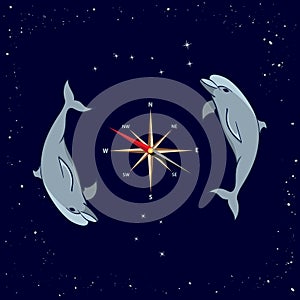 Dolphins, windrose, Ursa Major and Southern Cross