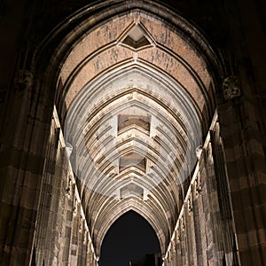 Dom church tower tunnel by night in Utrecht, Netherlands