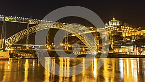 Dom Luis I Bridge at night time in Old Porto.