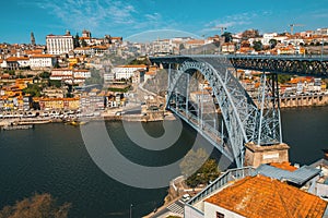 Dom Luis iron Bridge at Duoro river in old downtown Porto