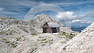 Dom Valentina Stanica mountain hut with Vrbanova spica mountain in Julian Alps photo