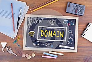 Domain Homepage HTML Web Design Concept. Chalkboard on wooden of