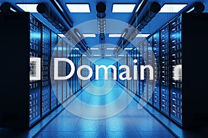 domain logo in large modern data center with multiple rows of network internet server racks, 3D Illustration