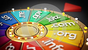 Domain name extensions on prize wheel. 3D illustration