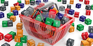 Domain names cubes in a shopping basket. 3d illustration