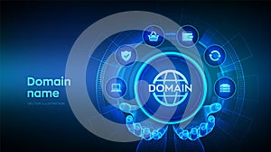 Domain names. Domain registration. Website name, url address web page. Hosting on website creation. Internet and web