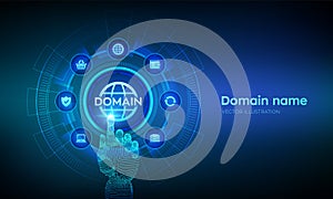 Domain names. Domain registration. Website name, url address web page. Hosting on website creation. Internet and web
