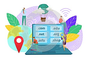 Domain web name registration concept, website hosting icons in laptop and network people, vector illustration. SEo