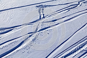 Dombai ski resort, on the ski slope, snowboard traces